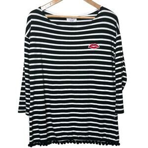 Sundry Maritime Size 2 - Medium Black White Striped Shirt with Lips and Pom Poms